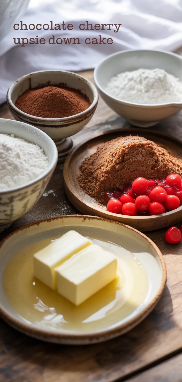 Ingredients photo for Chocolate Cherry Upside Down Cake. So Quick & Easy To Prepare! Recipe