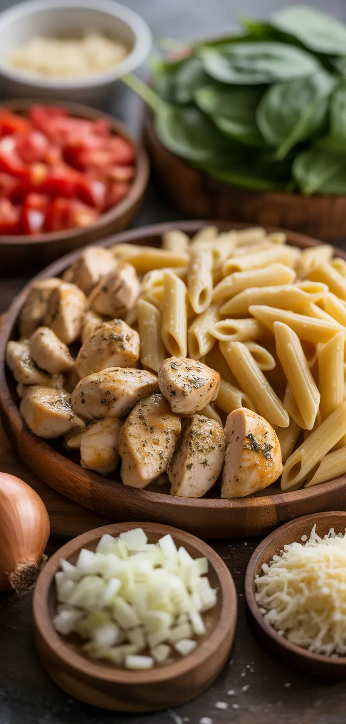 Ingredients photo for Tomato Spinach Chicken Pasta Recipe