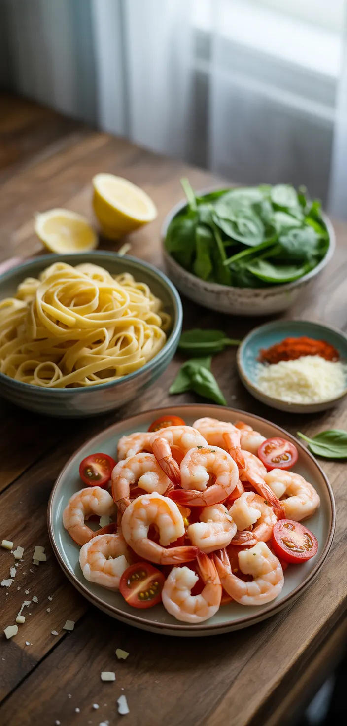 Ingredients photo for Tomato Spinach Shrimp Pasta Recipe