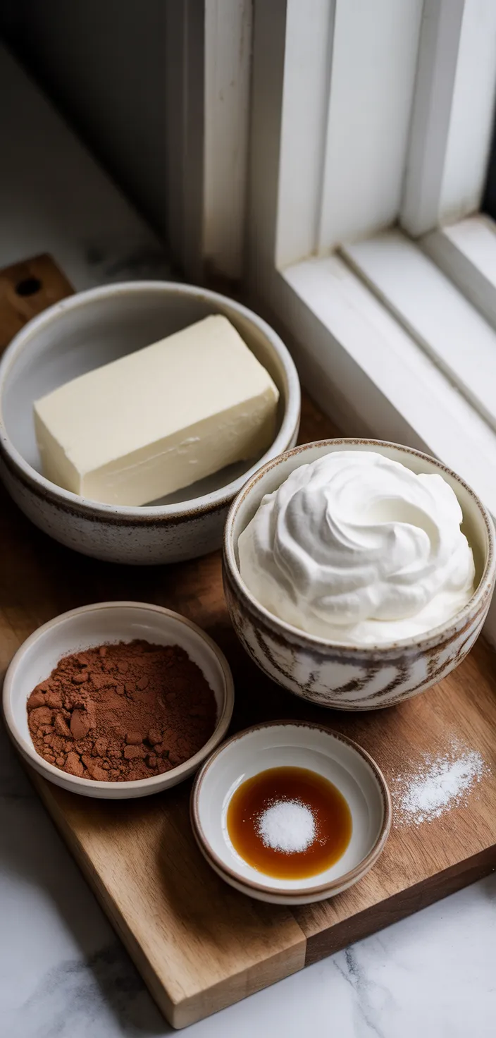 Ingredients photo for Chocolate Whipped Cream Cream Cheese Frosting Recipe