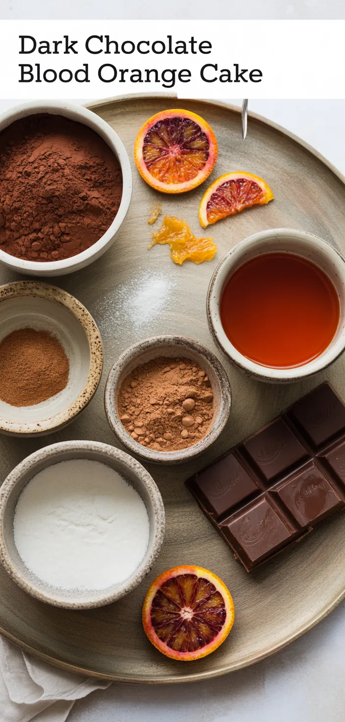 Ingredients photo for Dark Chocolate Blood Orange Cake Recipe