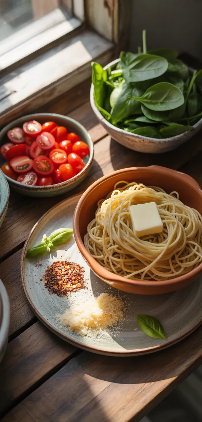 Ingredients photo for Garlic Butter Pasta With Tomatoes And Spinach Recipe
