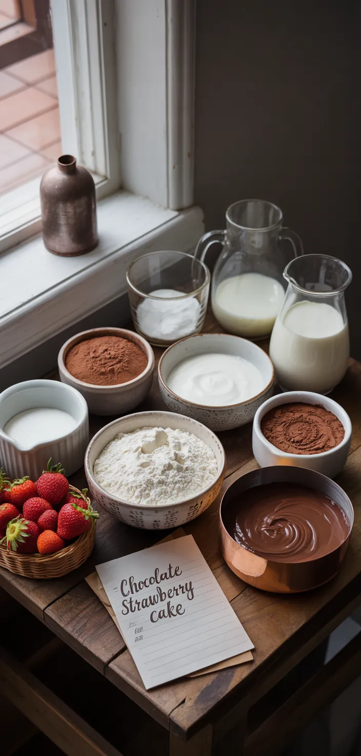 Ingredients photo for Chocolate Covered Strawberry Drip Cake Recipe