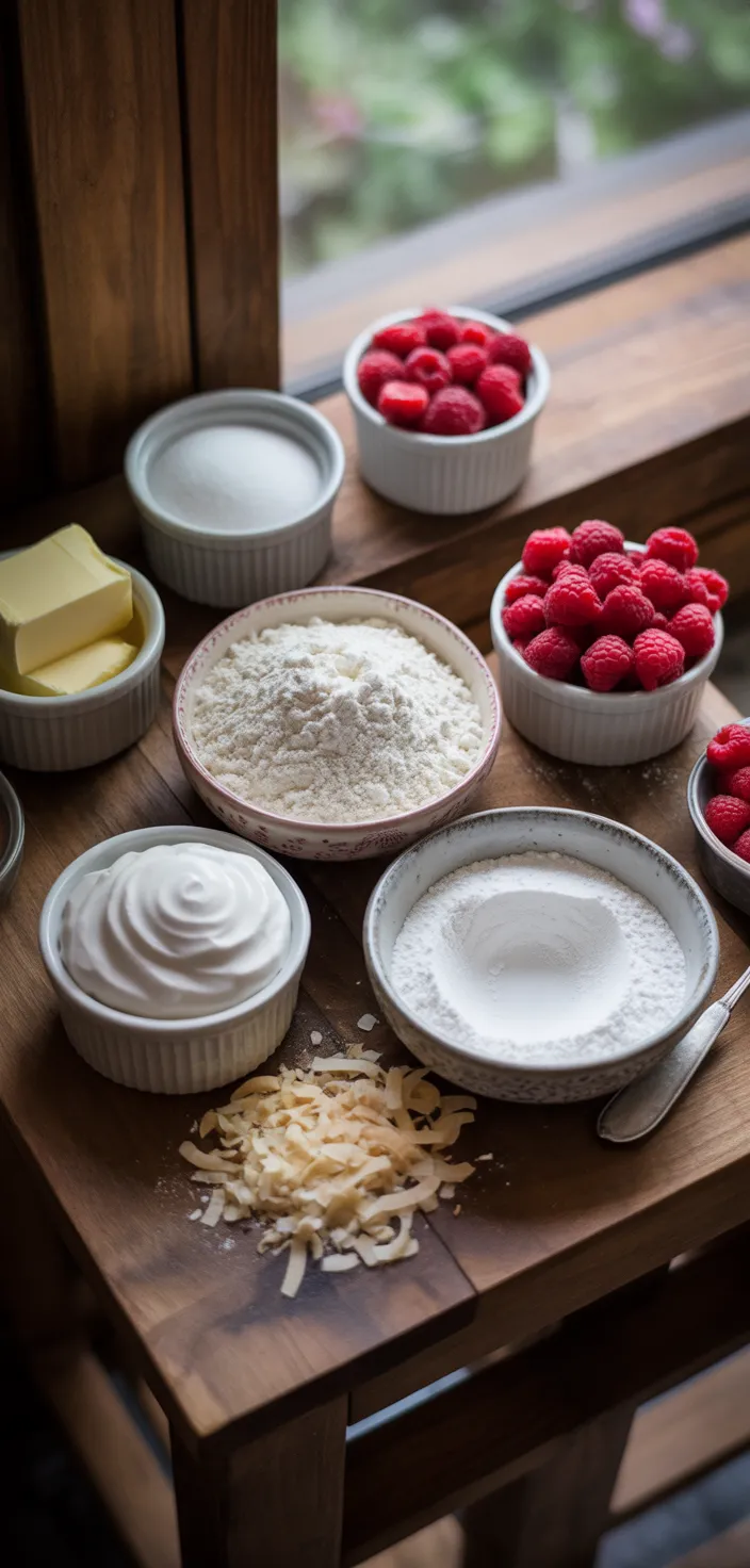 Ingredients photo for Raspberry Surprise Coconut Snowball Cake Recipe