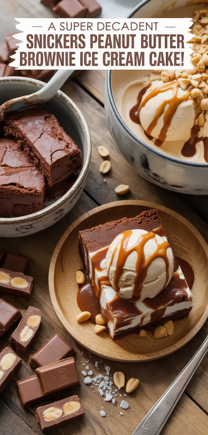Ingredients photo for A Super Decadent Snickers Peanut Butter Brownie Ice Cream Cake! Recipe