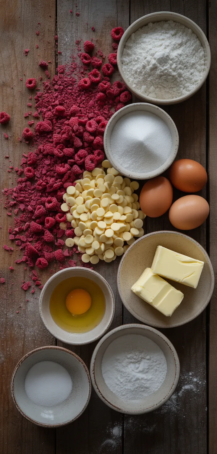 Ingredients photo for Bakery Style Raspberry White Chocolate Cookies Recipe