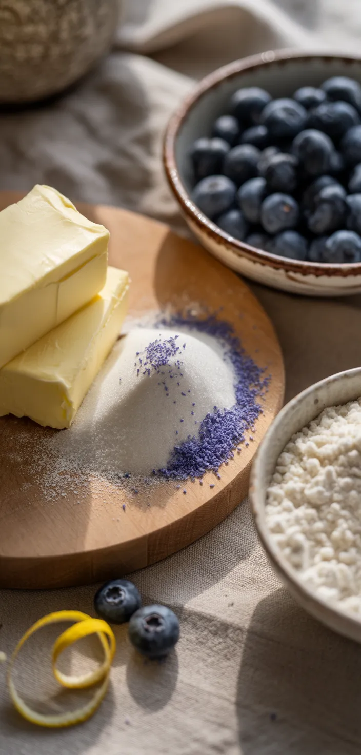 Ingredients photo for Delicious Blueberry Lemon Lavender Cake Recipe