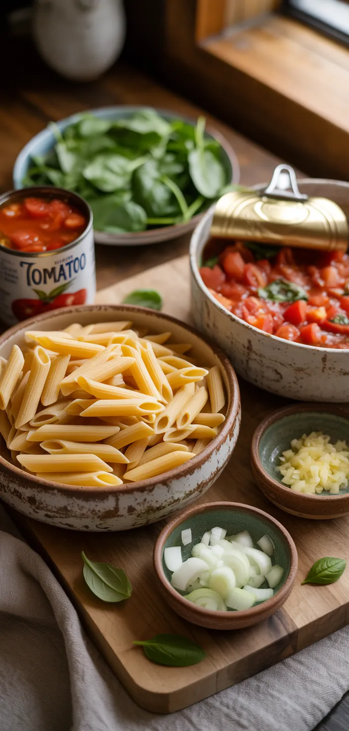 Ingredients photo for Easy Tomato And Spinach Pasta Recipe