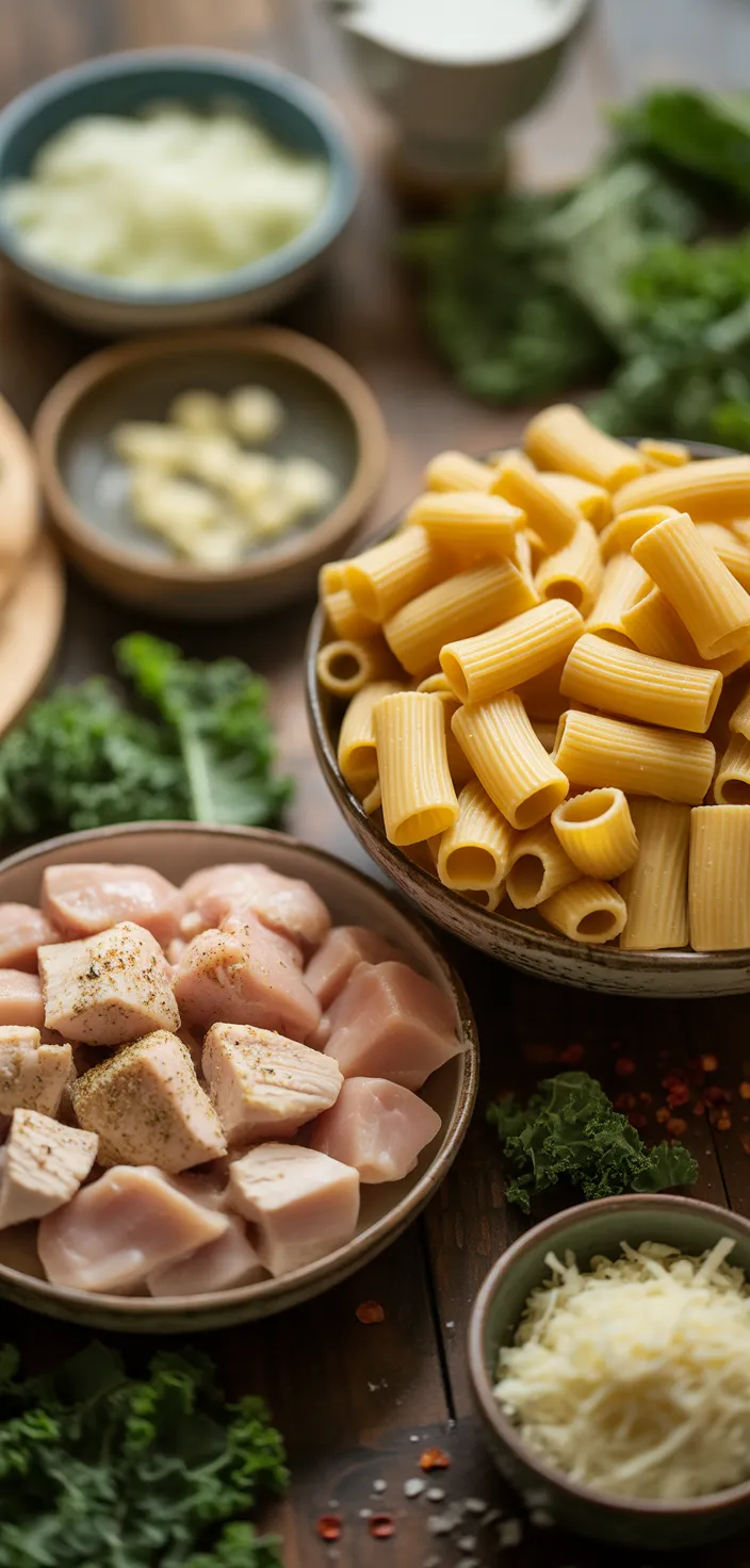 Ingredients photo for One Pot Rigatoni Alfredo With Chicken And Kale Recipe
