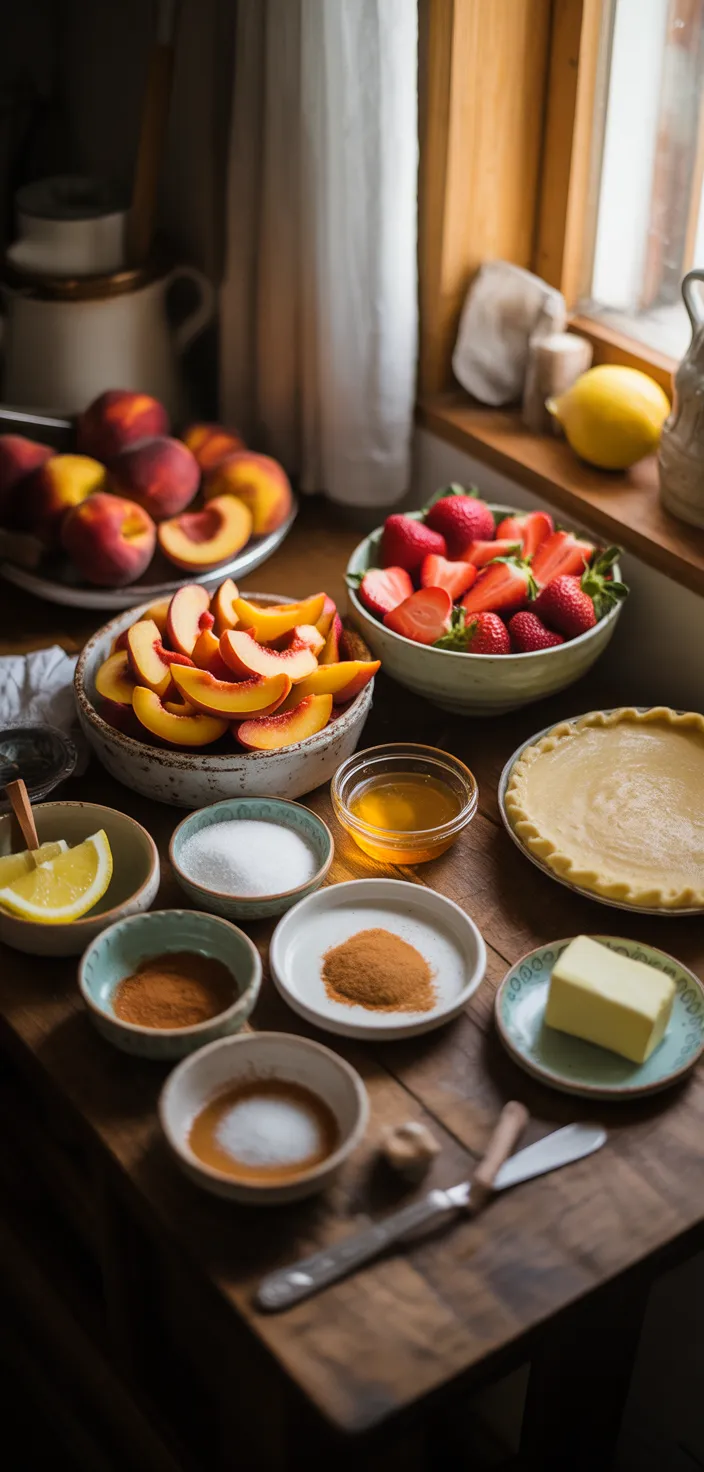 Ingredients photo for Honey Strawberry Peach Pie. Recipe