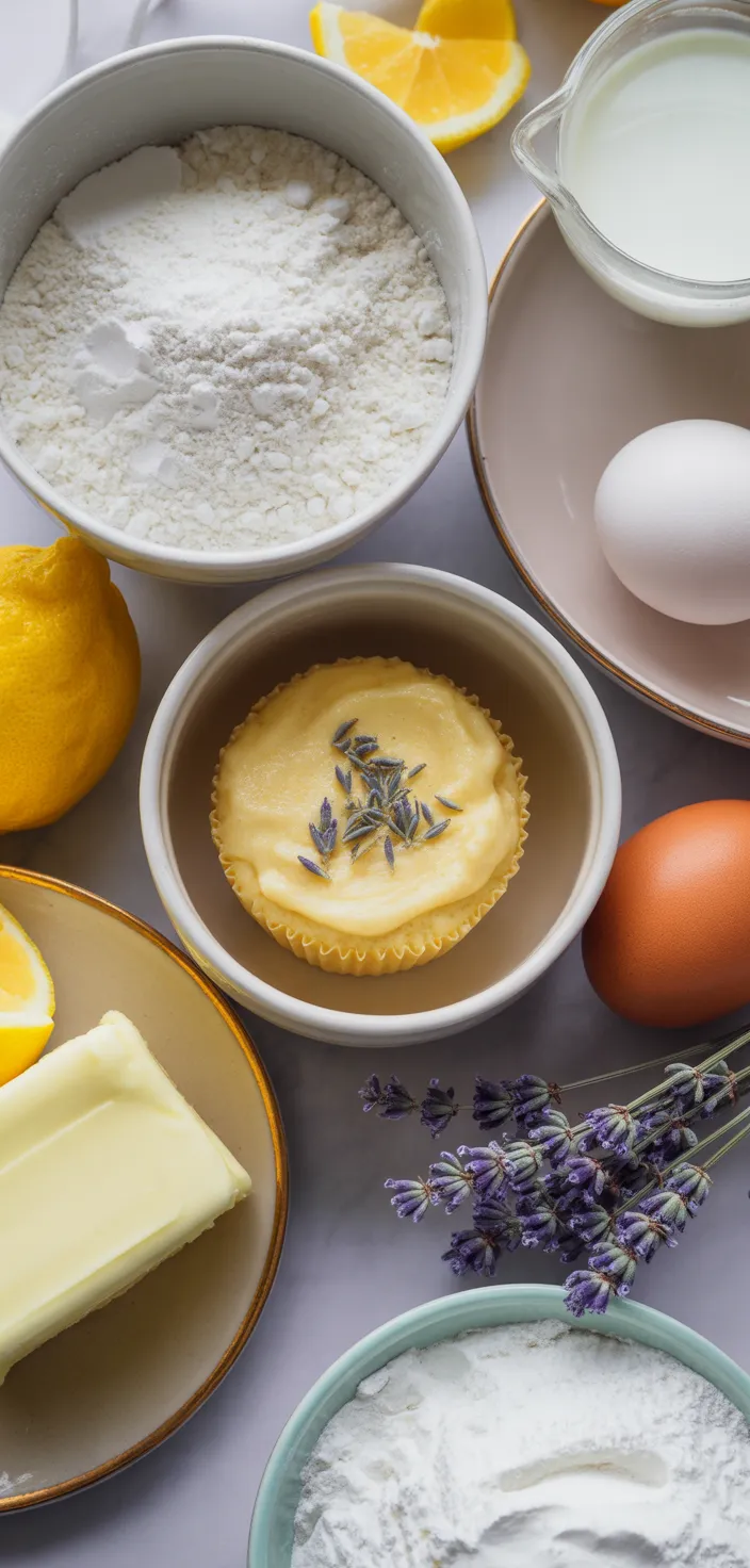 Ingredients photo for Lemon Cupcakes With Lavender Buttercream Frosting Recipe